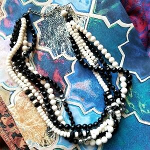 Five strand necklace black and white necklace silver tone bead beaded retro